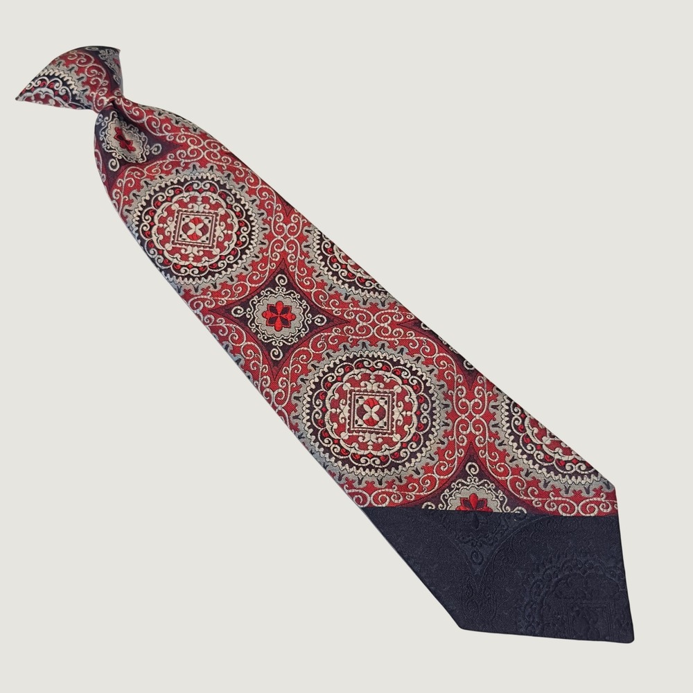 Fashion Craft Clip On Tie Red Blue Geometric Mandala Vintage WPL 2555 17x3.75"
